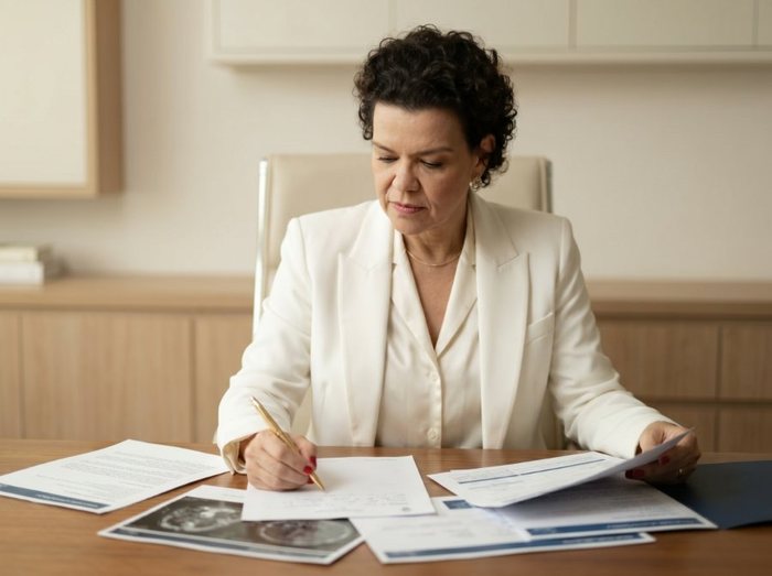 Dra. Bianca analisando laudos e exames de imagem