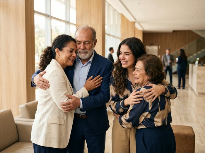 Família emocionada se abraçando após decisão favorável