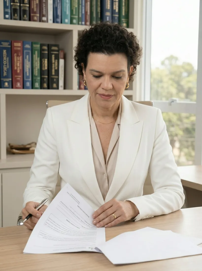 Dra. Bianca Seixas Soares Sgambatti analisando documentos em seu escritório